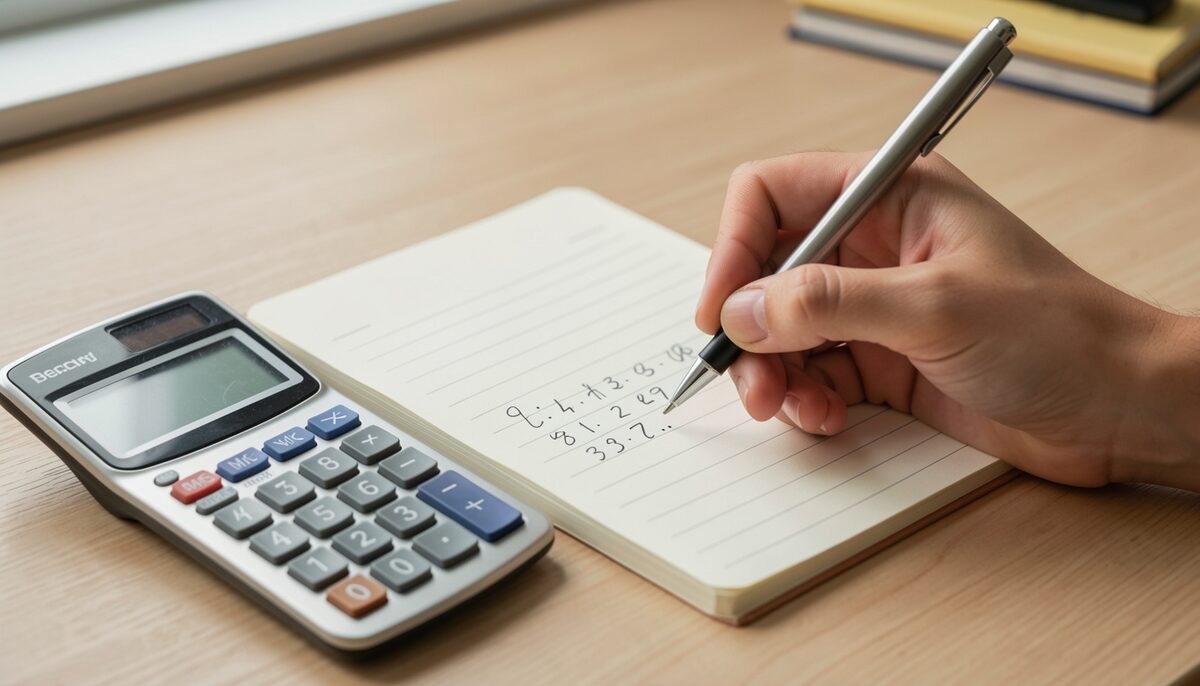 Des mains écrivent des chiffres sur un carnet ligné à côté d'une calculatrice simple. Image illustrative, générée par IA.