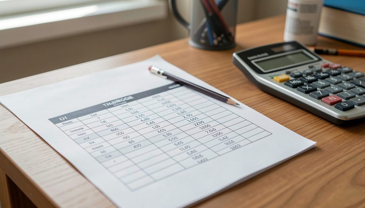 Un bureau avec un tableau imprimé des tranches du barème, un crayon et une calculatrice, aucun texte visible. Image illustrative, générée avec IA.