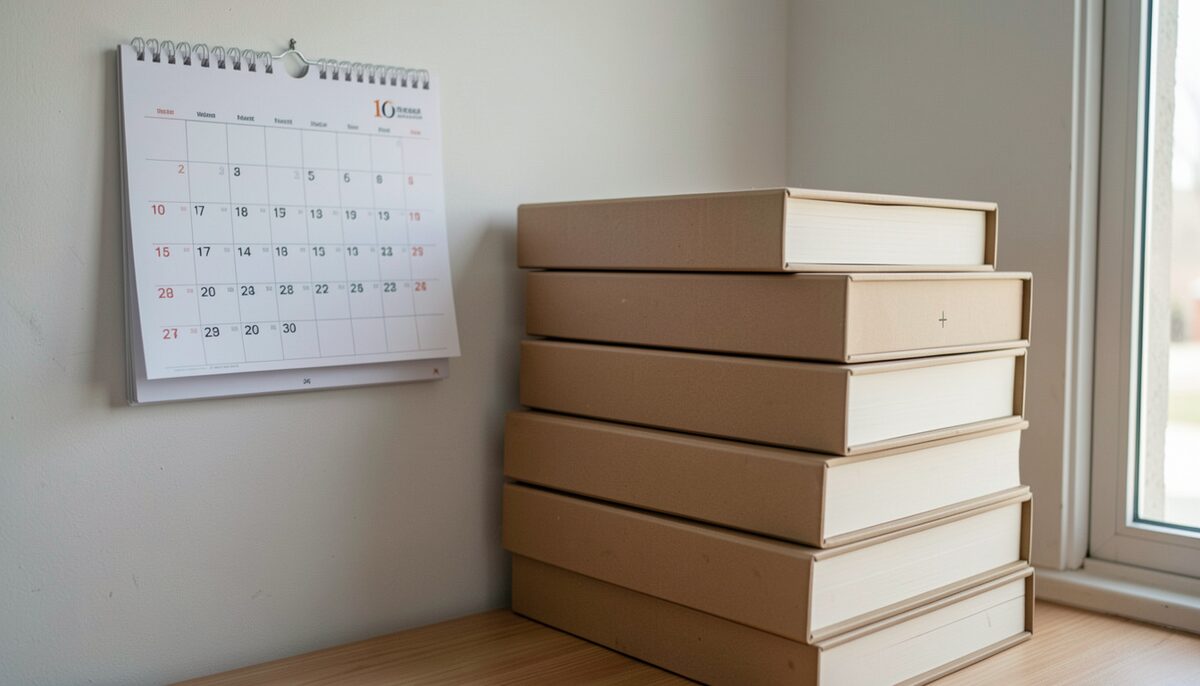 Un calendrier mural et une pile de boîtes d'archives fermées, sans texte visible. Image illustrative, générée par IA.