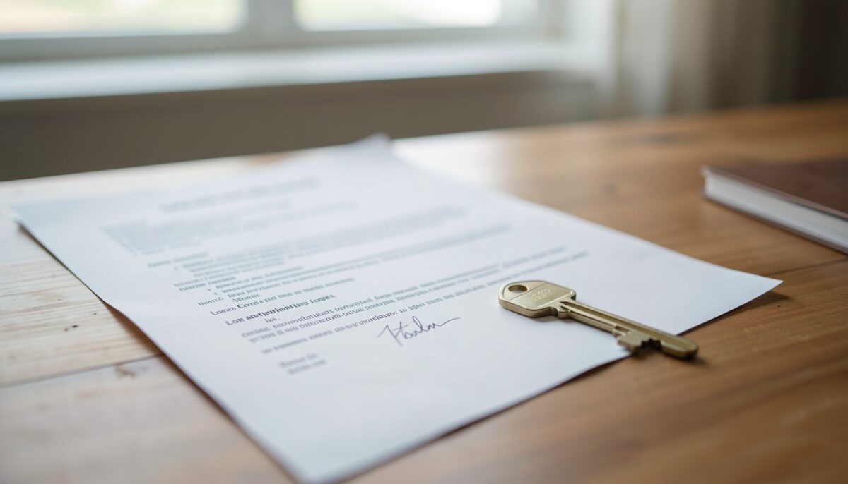 Un contrat de prêt et une clé de maison posés sur une table, sans texte lisible. Image illustrative, générée par IA.