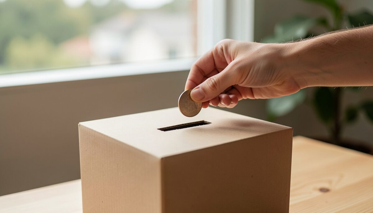 Une main dépose une pièce dans une boîte de don simple. Image illustrative, générée avec IA.