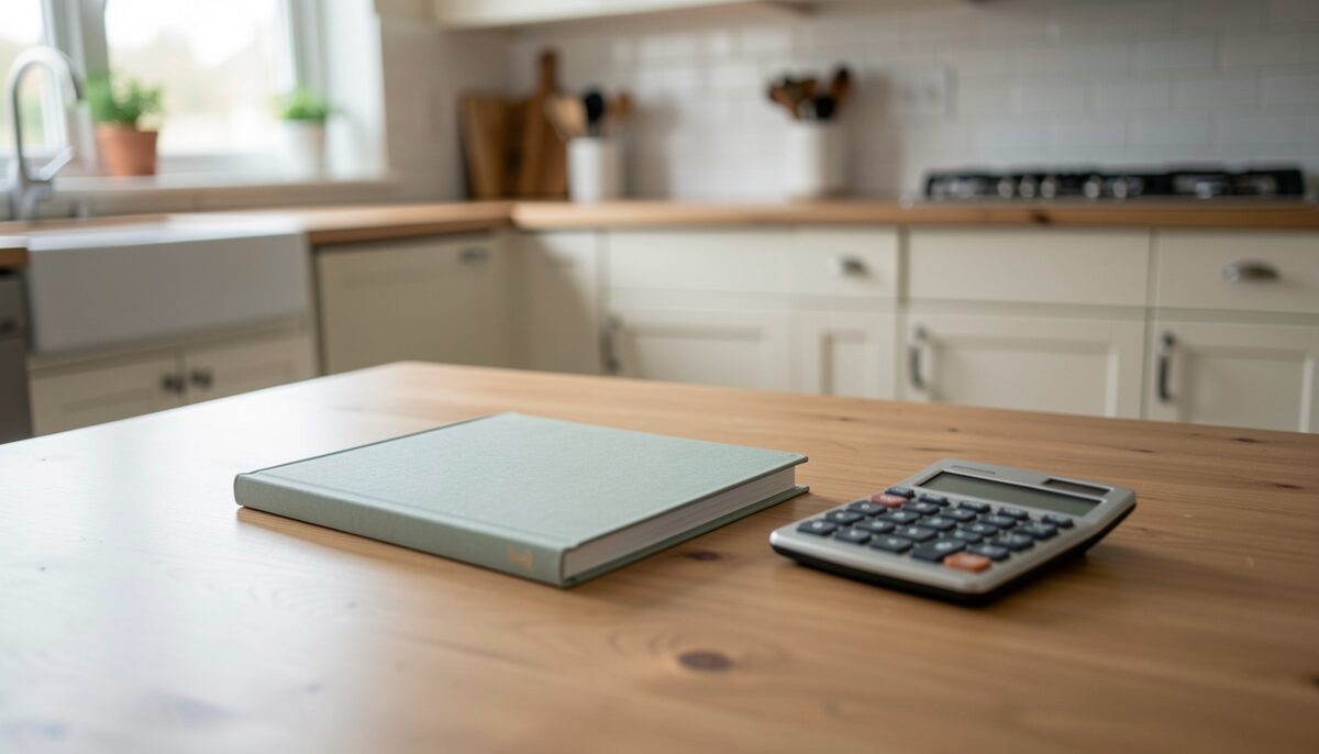 Une table de cuisine familiale avec un dossier ferme et une calculatrice, sans texte visible. Image illustrative, generee par IA.